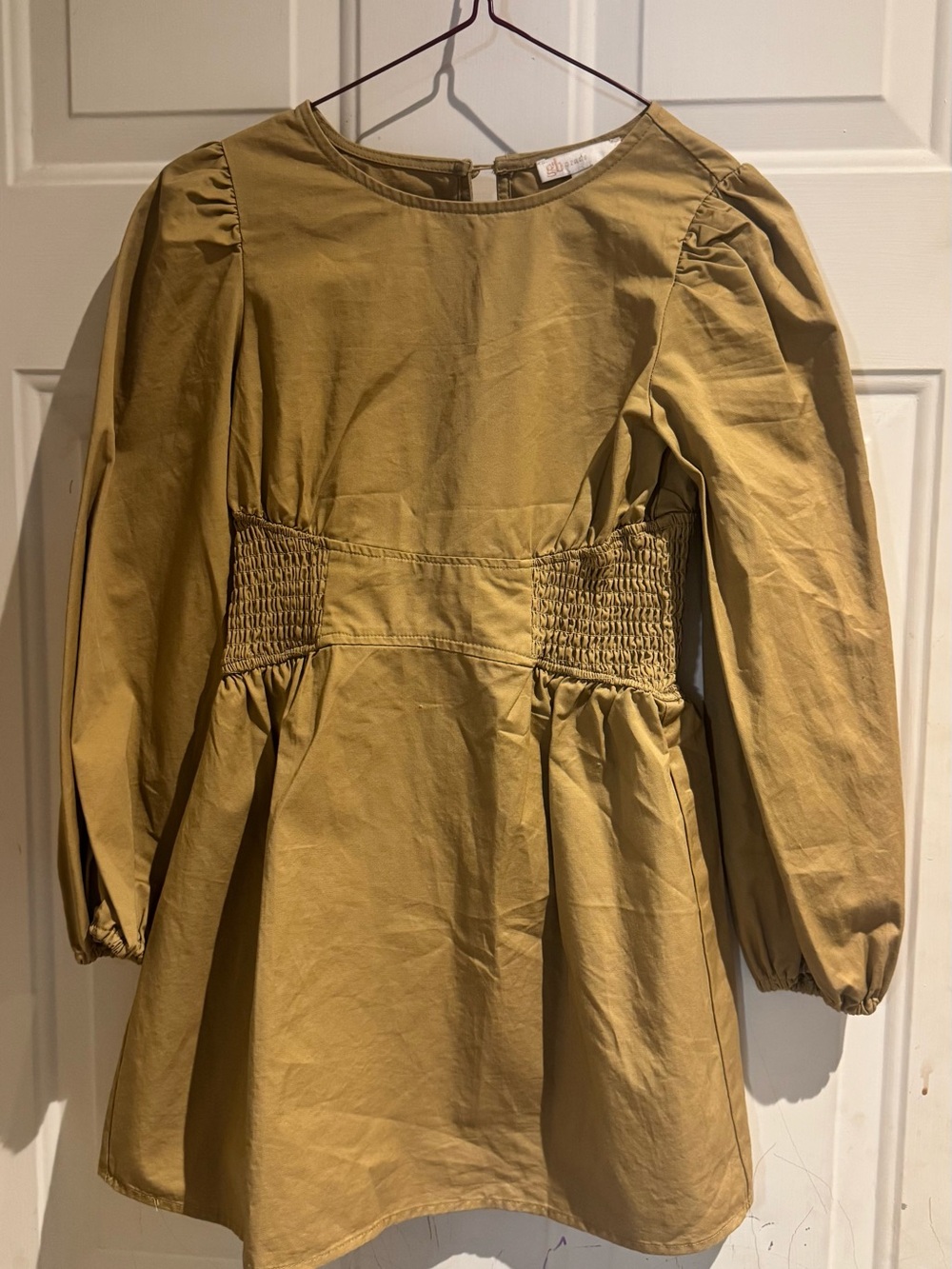 GB Girls Khaki Long-Sleeve Smocked Waist Dress